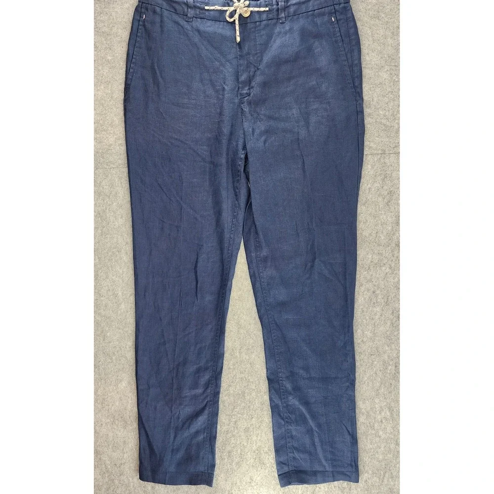 Zara Man Medium Navy Blue 100% Linen Drawstring Tapered Trousers Mens Summer